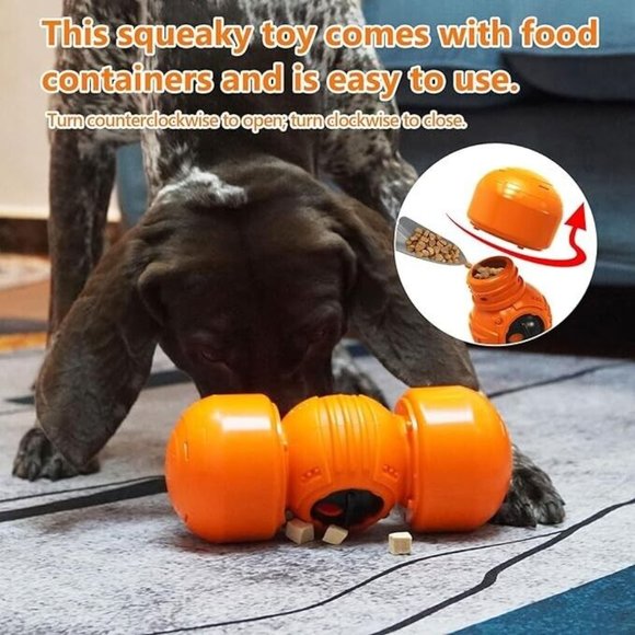 Interactive Dog Toy, Orange Rolling Treat Dispenser Slow Feeder Puzzle w Squeaky - Picture 4 of 16